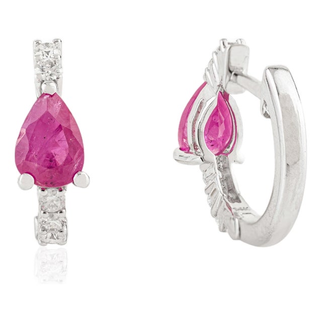 Timeless 14k Gold Huggie Hoop Earrings With 1.03Ct Pear Cut Ruby & Diamond- 2 Pieces For Sale