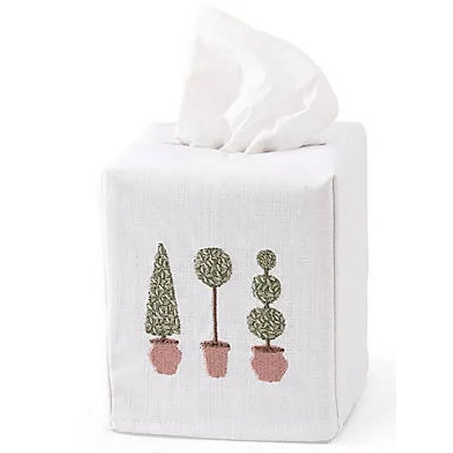 Three Tree Topiary Tissue Box Cover White Linen & Cotton, Embroidered For Sale - Image 4 of 5
