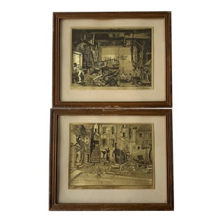 Mid 20th Century "Old Boat Works & Courtyard Venice" Gold Foil Etchings by Lionel Barrymore, Framed - a Pair For Sale