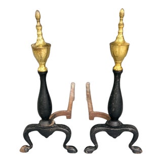 Federal Style Antique Andirons | Brass Urn Finials & Black Iron Fireplace Dogs | 18th–19th Century Style For Sale