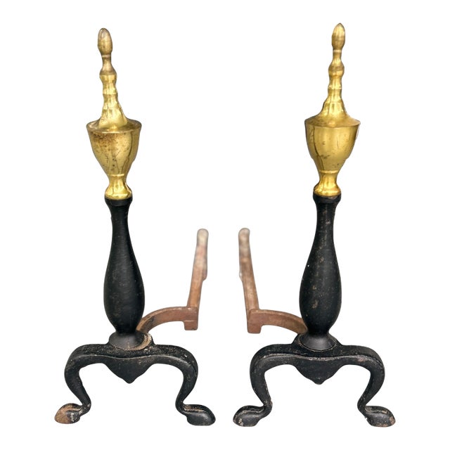 Federal Style Antique Andirons | Brass Urn Finials & Black Iron Fireplace Dogs | 18th–19th Century Style For Sale