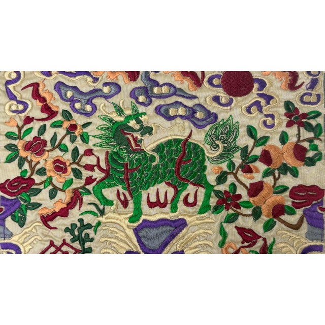 Asian Rectangular Green Kirin Bats Blossom Flower Fabric Display Art For Sale In San Francisco - Image 6 of 10