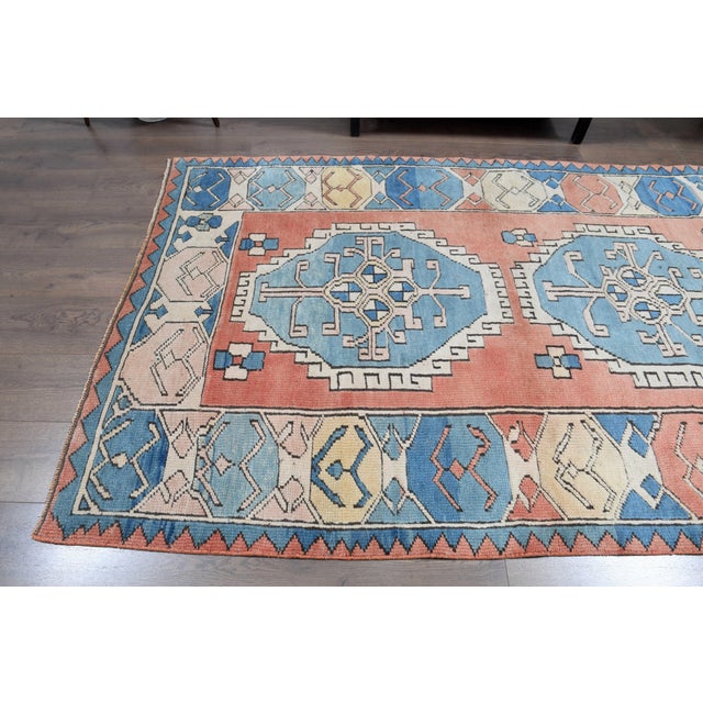 1970s Vintage Turkish Handmade Wool Cotton Orange Blue Area Rug For Sale - Image 10 of 11