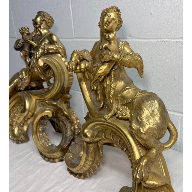 Antique Heavy Pair of Louis XV Style Gilt Bronze Female Sphinx Chenets Andirons For Sale - Image 13 of 17
