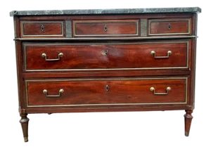 Louis XVI Style Chest of Drawers in Mahogany with Grey Veined Marble Top
