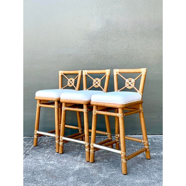 Wood Vintage McGuire Wrapped Rattan Bar Stools - Set of 3 For Sale - Image 7 of 12