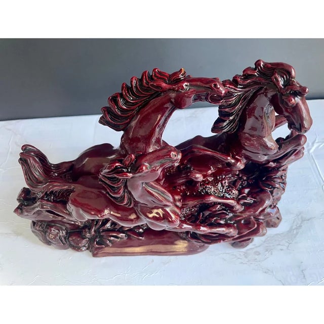 Red VintageRed Running Horses Sculpture, Large Chinese Lucky Stallions Sculpture, Feng Shui Decor For Sale - Image 8 of 10