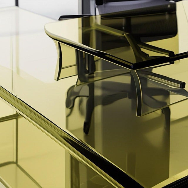 Contemporary Modern Transparent Olive Oil Acrylic Desk With Integrated Console – Minimalist Design For Sale - Image 3 of 4