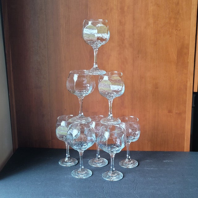 Vintage Hexagon Shaped Libbey Chivalry Wavy Glass Wine Glasses Set of 8