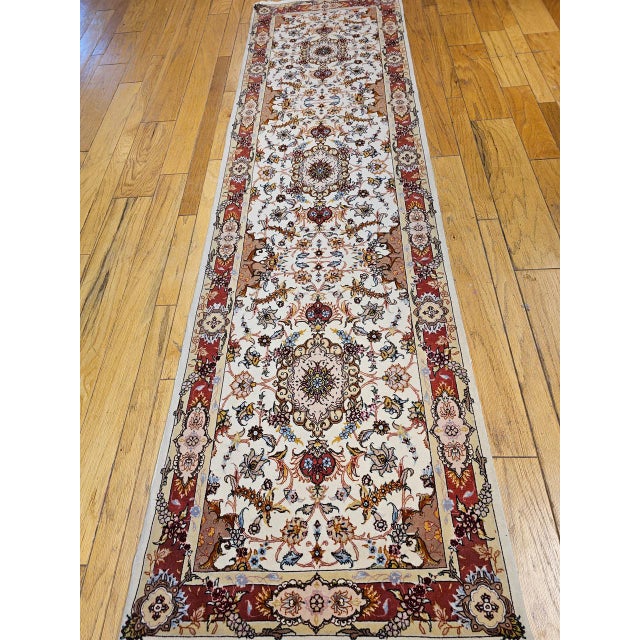 Vintage Tabriz Runner, Fine Hand-Knotted Wool & Silk, Floral Design, Ivory & Red, 3x11 For Sale - Image 9 of 16