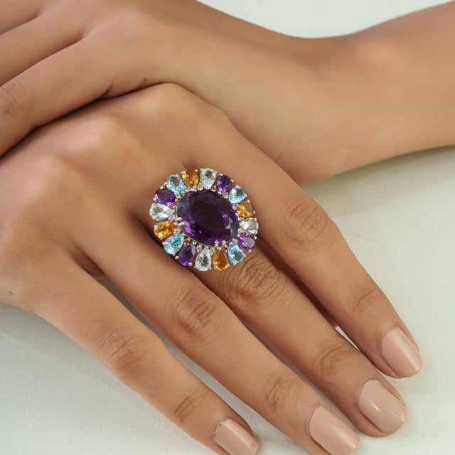 Handcrafted 15.5Ct Aquamarine & Blue Topaz Silver Ring With Amethyst and Citrine Accents - Size 8 For Sale - Image 10 of 15
