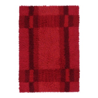 Vintage Swedish Rya Rug With Crimson Red Geometric Grid - Rug & Kilim For Sale