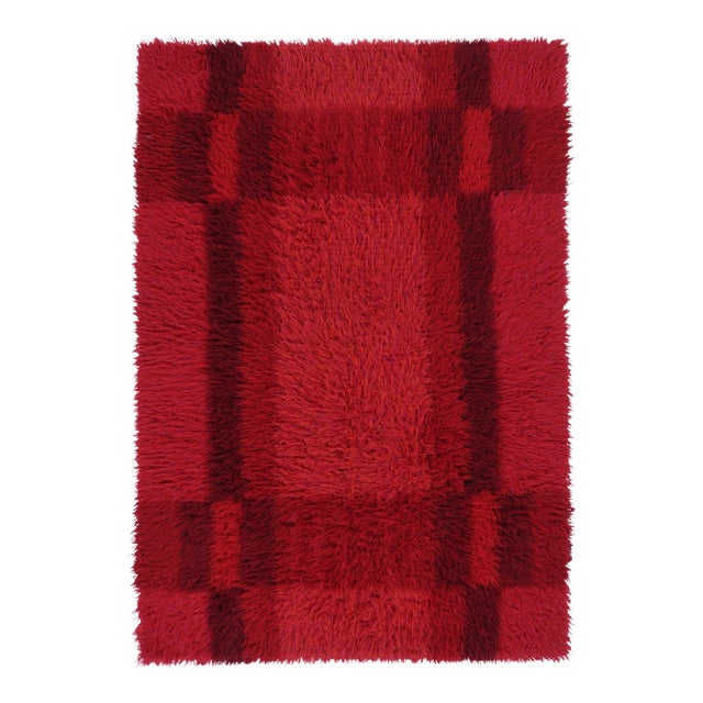 Vintage Swedish Rya Rug With Crimson Red Geometric Grid - Rug & Kilim For Sale