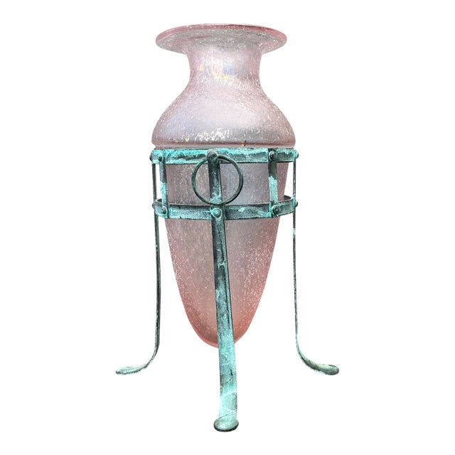 Vintage Patinated Metal Frame Glass Vase For Sale