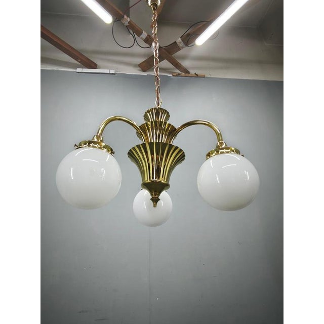 Czechoslovak Art Deco Brass and Opaline Glass Chandelier, 1930s For Sale - Image 10 of 15