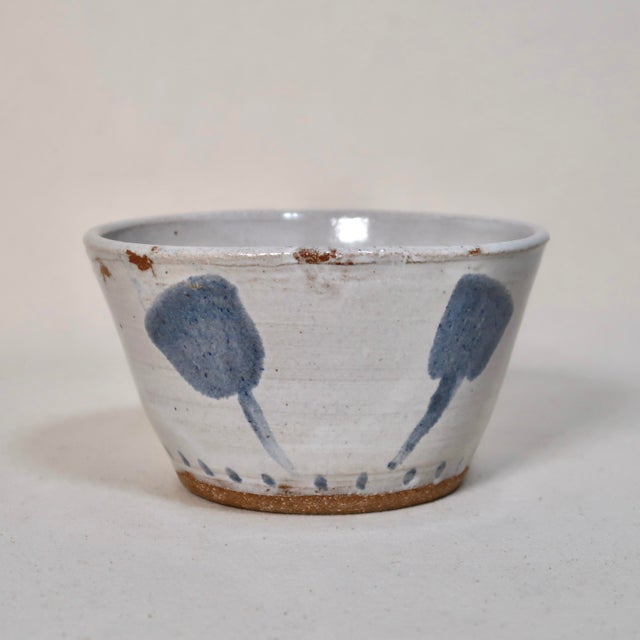 Contemporary Handmade Flared Studio Pottery Bowl With Blue Botanical Brushstroke Pattern & Milky White Glaze For Sale - Image 3 of 13