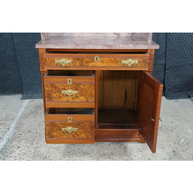 Antique Victorian Eastlake Walnut Burl Marble Washstand & Mirror Commode Cabinet For Sale - Image 9 of 18