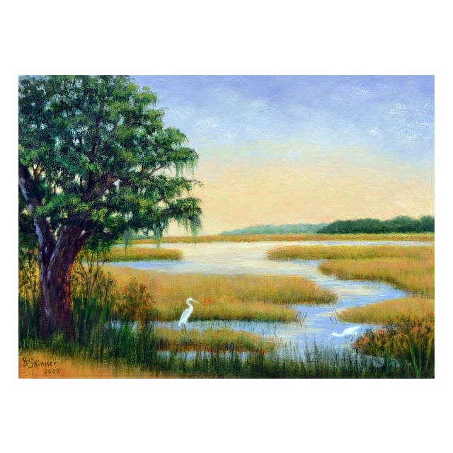 Gorgeous oil painting landscape of Elkhorn Slough, Elkhorn, California by B. Skinner (American, 20th Century). Signed "B....