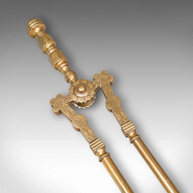 Brass Antique Fire Tool Set, English, Brass, Shovel, Tongs, Poker, Victorian, c.1870 For Sale - Image 8 of 12