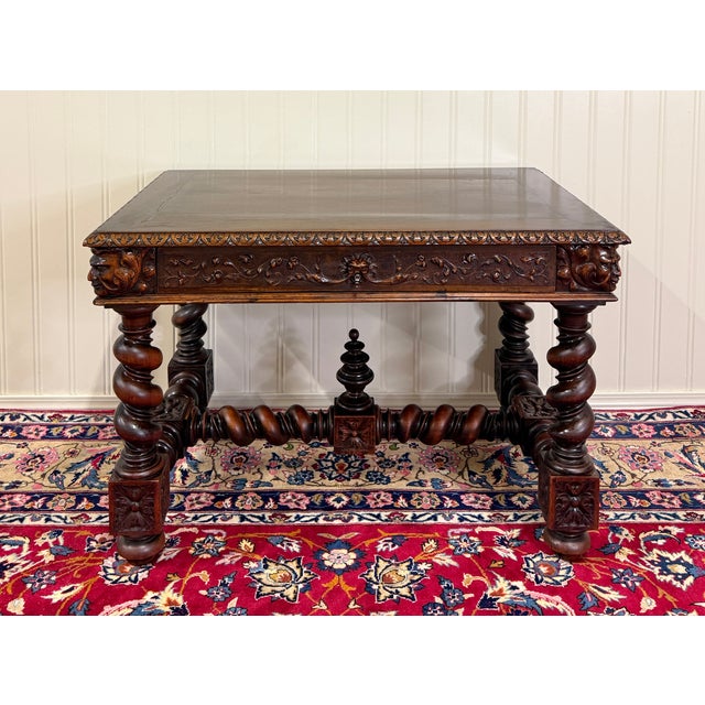 Antique French Henri II Style Writing Desk Barley Twist Carved Walnut 19th C For Sale - Image 4 of 18