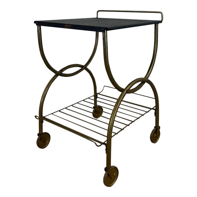 Mid Century Modern Petite Wheeled Bar Cart With Brass Accents For Sale