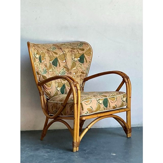 Mid-Century Modern Vintage 1950s Heywood Wakefield MCM Bent Rattan Lounge Chair - One Owner, Original Fabric For Sale - Image 3 of 5