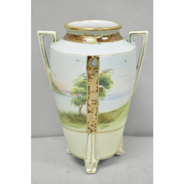 Antique Nippon Hand Painted Porcelain Twin Handled Vase W/ Swan & Lake Scene For Sale - Image 9 of 16