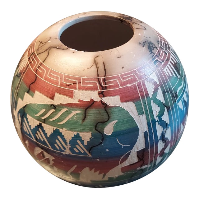 Vintage Horsehair Stoneware Clay Pot With Carved Buffalo For Sale