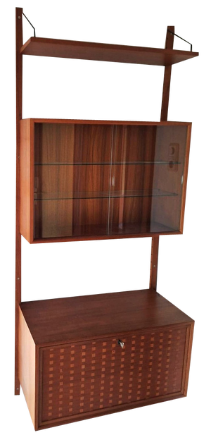 Danish Royal System Teak String Shelf with Showcase and Bar by Poul Cadovius, 1960s, Set of 3