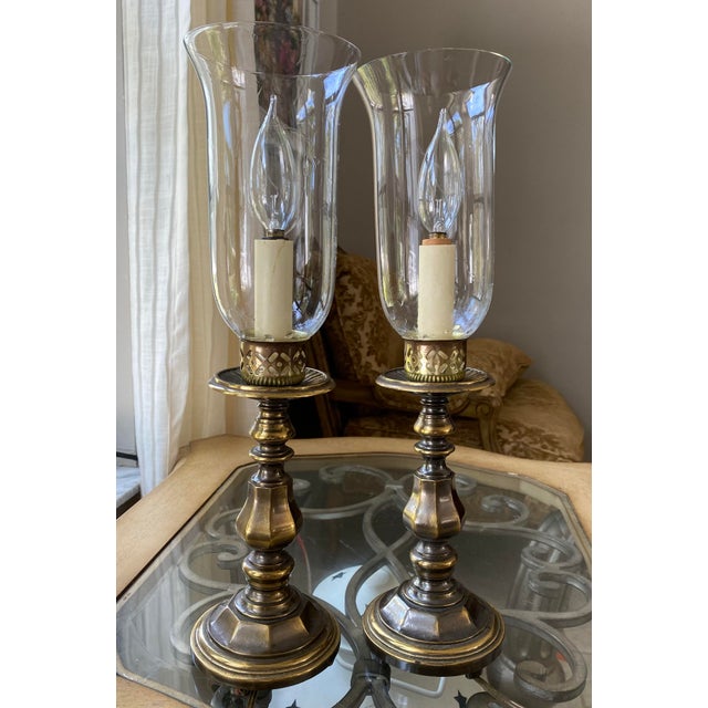 Classical Roman 1990s Heirloom Heavy Casted Brass and Glass Hurricane Table Sconce Vintage - Pair For Sale - Image 3 of 10