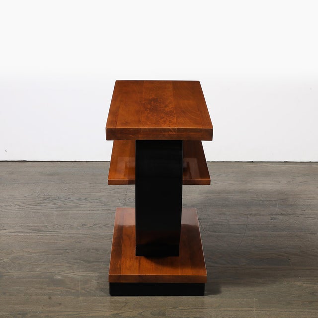 Pair of Art Deco Machine Age Two-Tier Side Tables in Walnut & Black Lacquer For Sale - Image 15 of 18