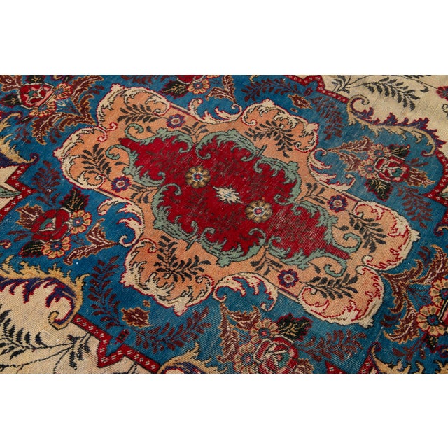 Beige Vintage Hand-Knotted Blue Wool Rug Persian Tabriz With Medallion Design For Sale - Image 8 of 9