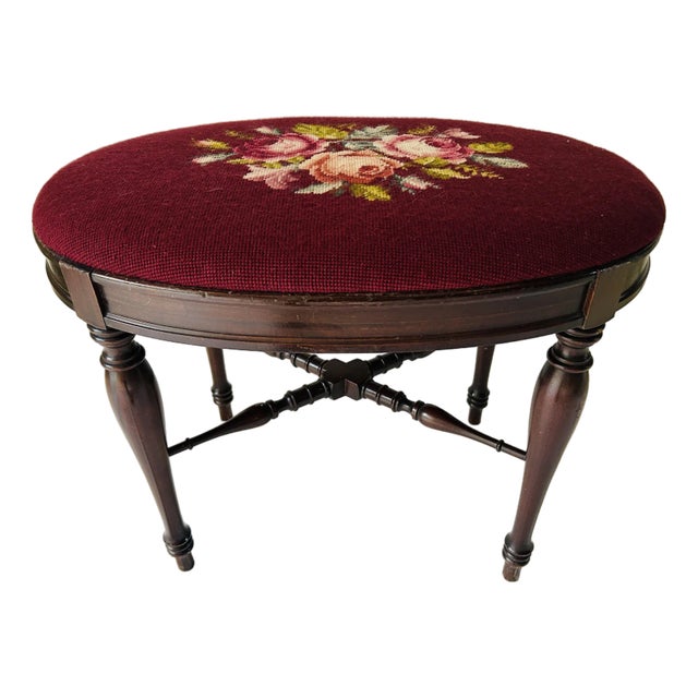 Vintage Oval Mahogany Wood With Handmade Needlepoint Bench /Stool For Sale