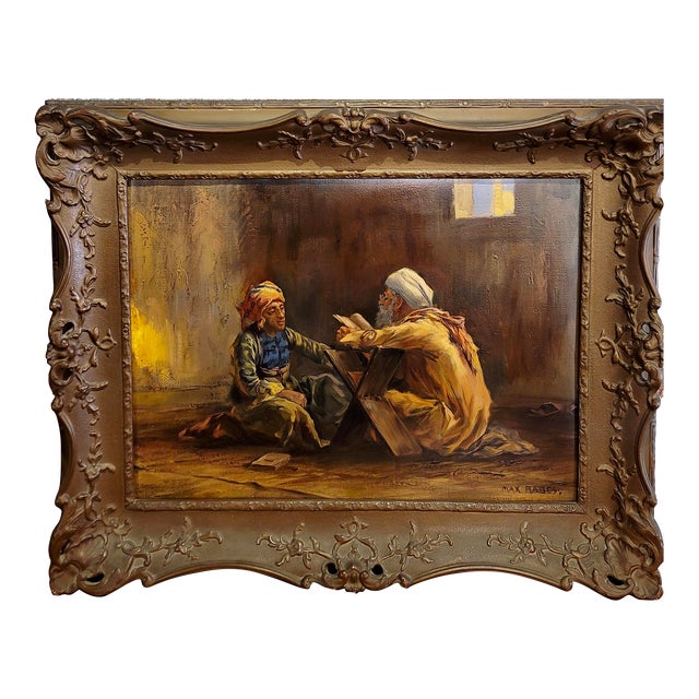 Max Rabes -Old Patriarch Reading the Koran to a Young Man-Orientalist Oil Painting For Sale