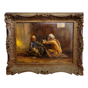 Max Rabes -Old Patriarch Reading the Koran to a Young Man-Orientalist Oil Painting