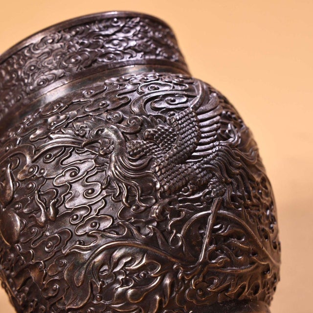Silver Pair of Antique Silver-Plated Tea Caddies With Dragon and Phoenix, 1060g Total For Sale - Image 8 of 9