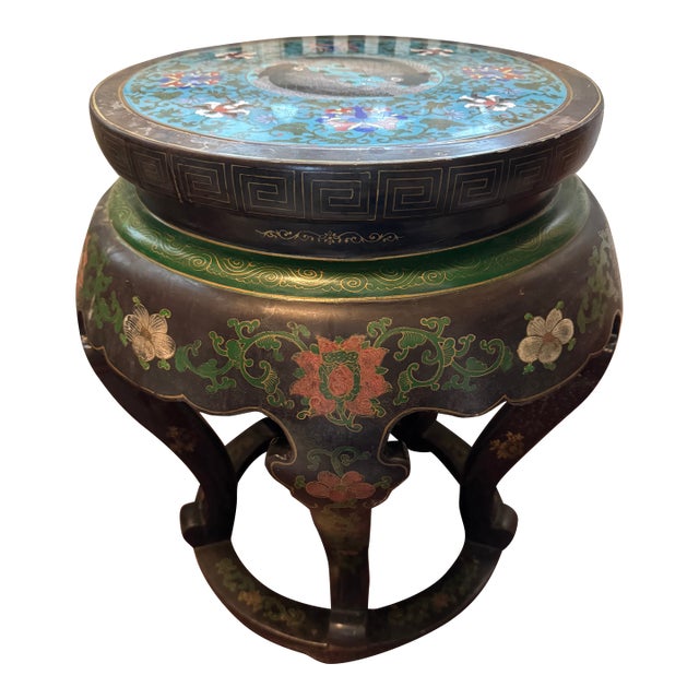 Antique Chinese Cloisonne Top Round Jardiniere Stand Two Fish Motif For Sale