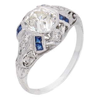 1930s Art Deco Gia 1.36 Carat Diamond Sapphire Platinum Engagement Ring, Size 5.75 For Sale