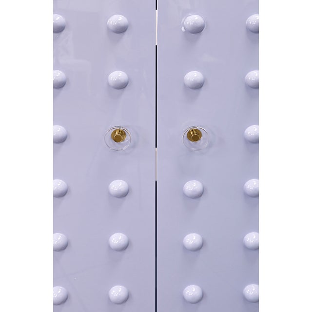2020s Matthew Izzo Home Beau Glossy Lavender Lacquer Two Door Cabinet With Ball Studs and Acrylic/Brass Knobs For Sale - Image 5 of 6