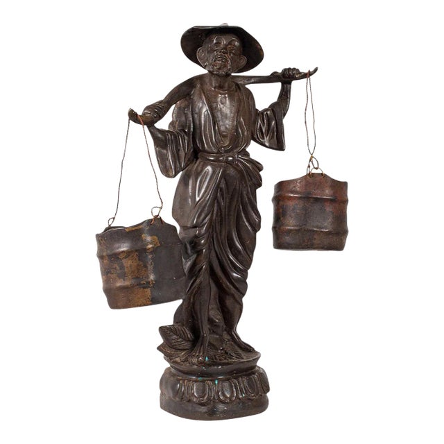 Late 19th Century Tall Antique Decorative Chinese Bronze Water Carrier Statue For Sale