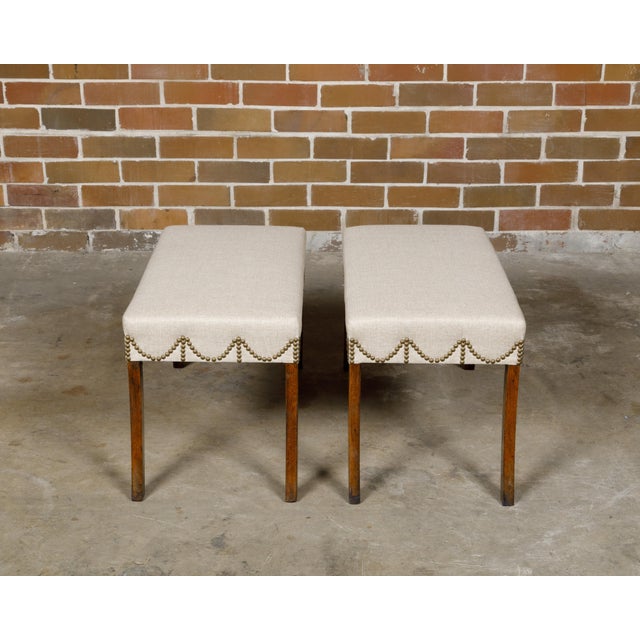 19th Century Pair of English Regency Mahogany Stools with Saber Legs and Custom Upholstery For Sale - Image 10 of 11