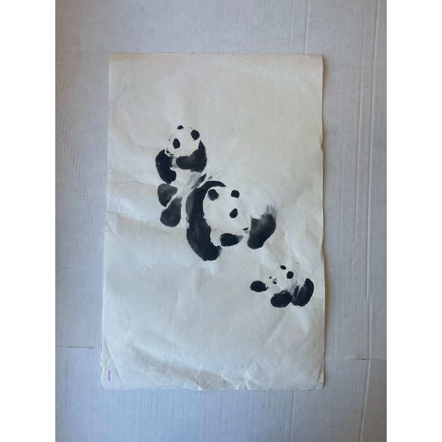 Vintage Chinese Brush Painting of Panda Family by j.p. Gaston - Sumi-E Style Wildlife Ink Art on Rice Paper. For Sale - Image 4 of 9