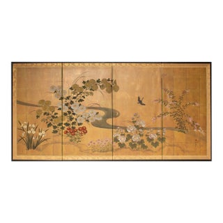"Flowers of the Four Seasons", 1970s Showa Era Japanese Painted Byobu Screen For Sale