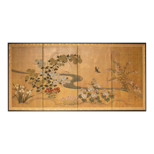 "Flowers of the Four Seasons", 1970s Showa Era Japanese Painted Byobu Screen