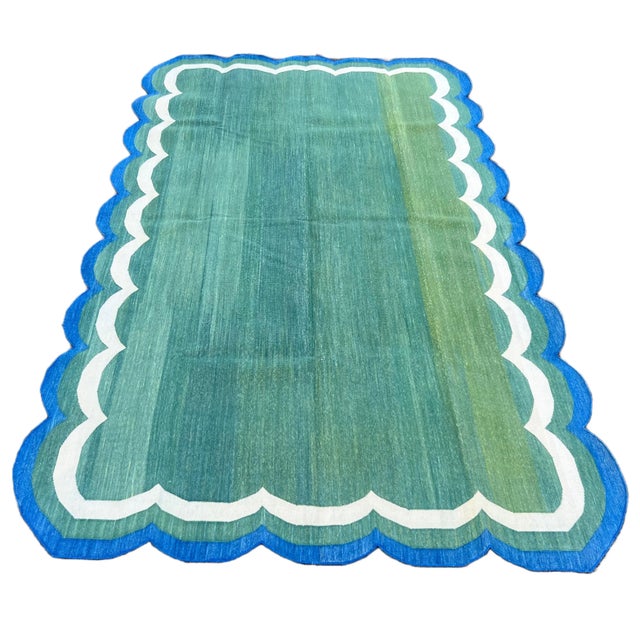 Handmade Cotton Area Scalloped Rug Forest Green, Cream and Royal Blue Border Dhurrie - 12'x15' For Sale - Image 9 of 11