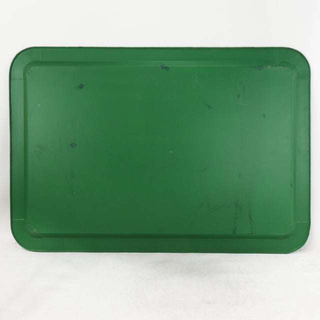 Vintage Hand Painted Chinoiserie Tole Tray Emerald Green and Gold Lacquer Rectangular Serving Tray For Sale - Image 15 of 16