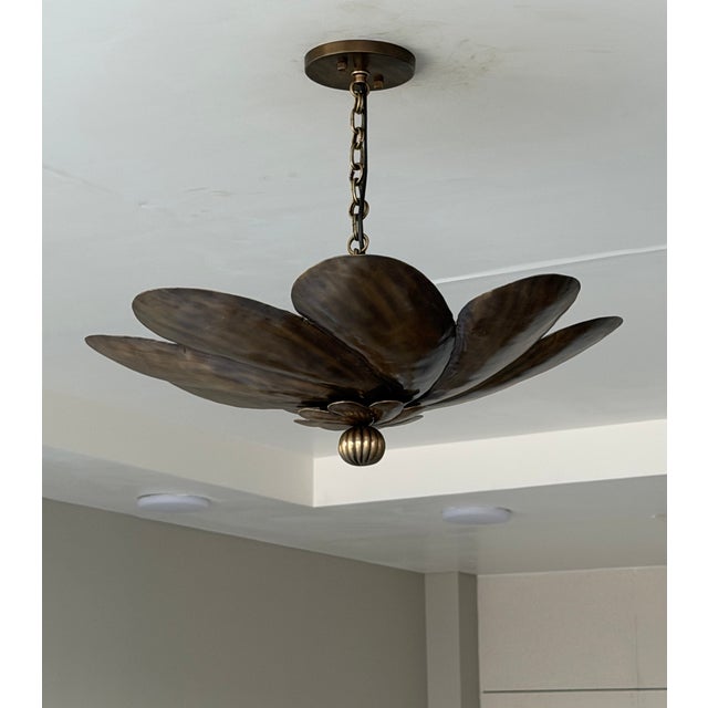 Antique Brass Floral Pendant Light Fixture, Handmade Flower Ceiling Light For Sale - Image 4 of 12
