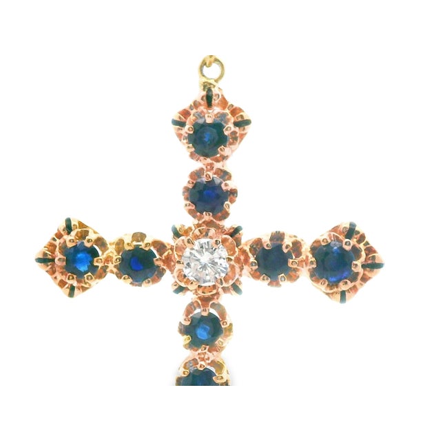 Contemporary 1980s 14k Yellow Gold Sapphire & Diamond Cross Pendant For Sale - Image 3 of 8