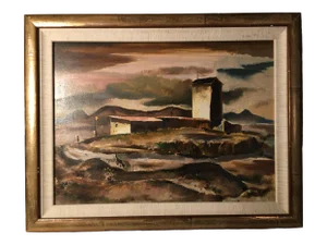 Mid 20th Century Modernist WPA Style Landscape Gouache Painting Signed Swenson, Framed