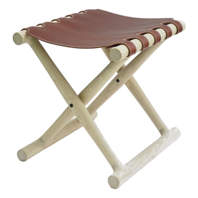 X Folding Stool With Sling Leather Seat. Designed and Crafted by Val Khvan. For Sale